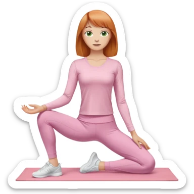 chin length ginger hair woman with bangs, green eyes, wearing long sleeve light pink yoga top, long flare light pink yoga pants, white sneakers, in gym sticker