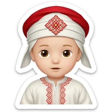  baby boy dressed in wight ghalibiya with delicate decorations with a red Moracain hat  sticker
