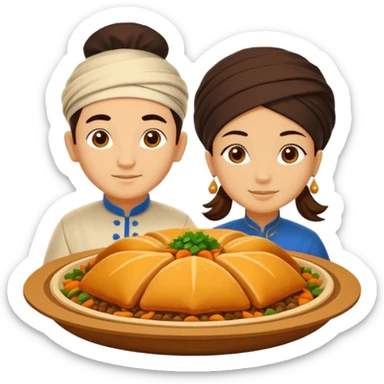 Uzbek cuisine humanless avatar in bright illustration. Classic dishes like plov and samsa, warm golden and earthy tones, simple shapes, flat design, high contrast, friendly and appetizing. sticker