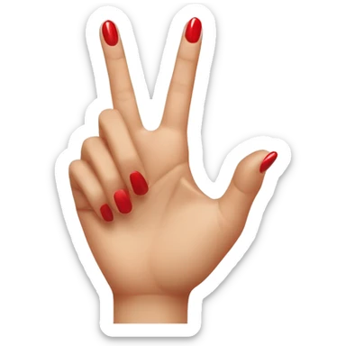 woman hand pointing index finger, red nail varnish. top of the hand is showing sticker