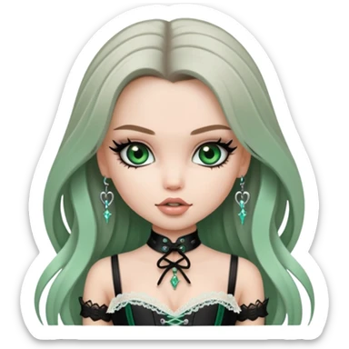 pretty bratz girl, long straight light ashy brown hair, jade green eyes, black eyeliner, pale skin, black corset clothes with laces sticker