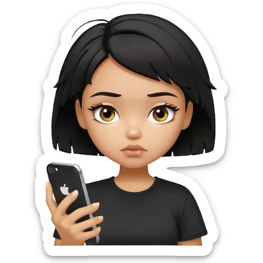 generate a pretty bratz girl with short black very messy hair, looking tired and using her phone, wearing an oversized black tshirt sticker