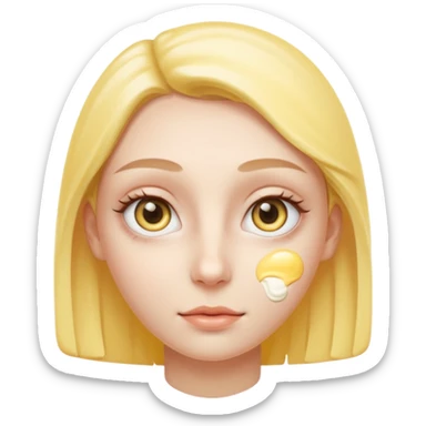Create a high-quality iPhone-style emoji of a white person's face, with yellow eye cream clearly applied under both eyes, realistic shading and smooth gradient colors, cute rounded 3D cartoon style, subtle and natural facial expression, simple white background, high-resolution.
 sticker