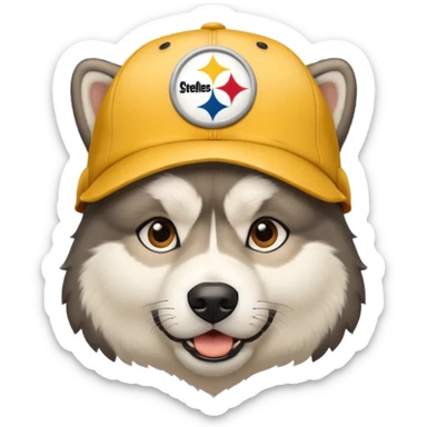 Face of young Malamute with cream face wearing Pittsburgh Steelers hat sticker