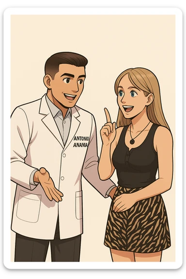 fai un webtoon/manga a colori con questo kinesiologo in camice bianco (fagli la scritta "ANTONIO ANANIA" SUL CAMICE) CHE PARLA CON QUESTA RAGAZZA CON GLI OCCHI AZZURRI. la ragazza lo guarda entusiasta con un indice alzato, IL KINESIOLOGO ha un espressione felice e la aspetta a braccia aperte. NON FARE I FUMETTI, FAI SOLO LORO COME SE DIALOGASSERO sticker