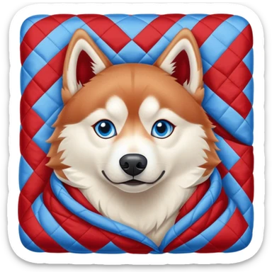 Red Siberian husky with blue eyes cozy in a quilt sticker