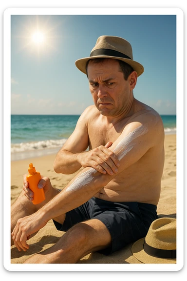 uomo a mare che si mette la crema solare perchè ha paura del sole realistica sticker