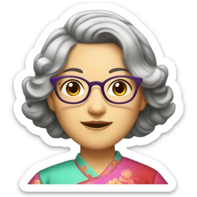 Chinese lady with like Lai gray hair wavy hair to the shoulder length where Chinese dress colourful dress wear glasses sticker