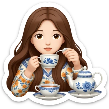 girl with brown hair and light skin taking a te sticker