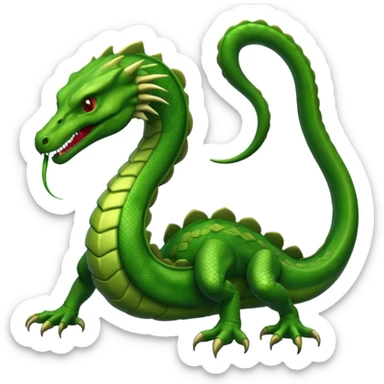 Create a single emoji of a Hydra in full body: a muscular reptilian creature with four legs, a tail, and multiple serpent heads on long necks. No wings, not worm-like. Slight side angle, stylized like an emoji, clearly recognizable. No background.
 sticker