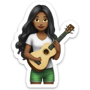 black-long-haired-fair-skin-girl-with-white-tshirt-and-green-colored-ukulele sticker