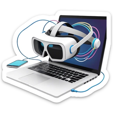 VR headset lying next to a laptop, connected by wires. On the laptop screen a VR/AR modeling program is opened. Floating 3D models or virtual objects. Modern, tech-inspired colors. No emojis or smiley faces. Transparent background. sticker