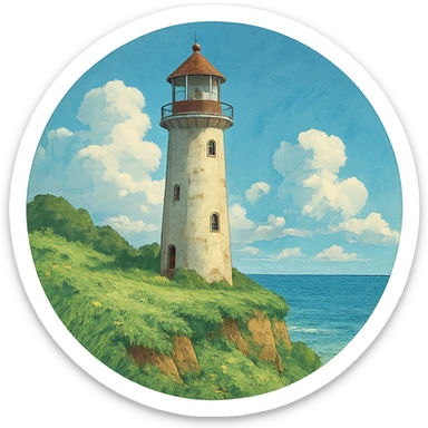 ghibli style lighthouse in a circle frame sticker