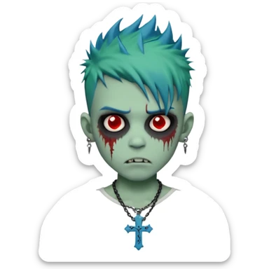 zombie boy with spiky emo blue hair and white shirt , tattos, a risk on the eyebrow, earings,  a necklace with a cross, green skin, shaggy, dark, spooky, creepy expression emoji  sticker