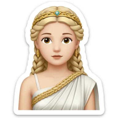 An emoji portrait of an ancient Roman princess. She wears a white stola dress with a gold-trimmed palla draped over her shoulders. She has an intricate braided hairstyle adorned with a delicate gold diadem. Her expression is calm and dignified. sticker