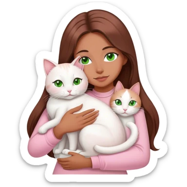 woman with very long brown hair and green eyes in a light pink outfit hugging a white cat sticker