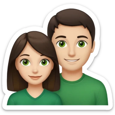 A girl with green eyes and dark hair with her boyfriend with light brown eyes and dark blonde hair and a cavanhaque sticker