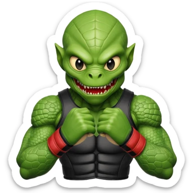 reptilian alien MMA fighter portrait, head and shoulders only, scaled skin, sharp teeth, fighter gloves, battle-ready expression, 3D cartoon, mobile game icon style, clean background, no text, no watermark
 sticker