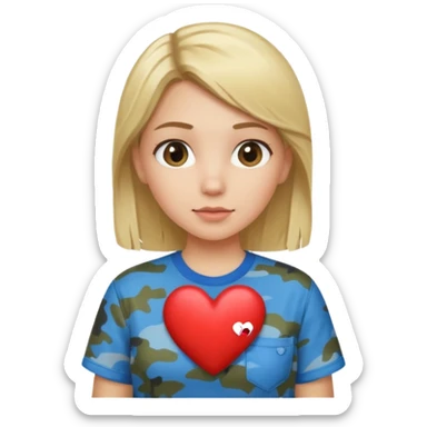 Blonde girl wearing blue shirt holding camo heart sticker