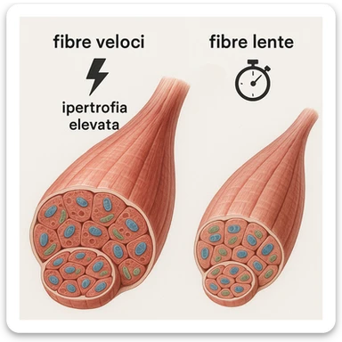 hyper realistic illustration comparing fast and slow muscle fibers, with Italian labels 'fibre veloci', 'ipertrofia elevata', power icons, cellular details, educational atmosphere, white background sticker