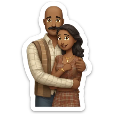 Tall white man wearing plaid with brown hair and a brown mustache hugging a very short Indian woman sticker