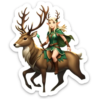 An icon representing an adventure game, inspired by high-fantasy RPGs. The design features a swift and agile elven ranger riding a majestic stag through an ancient forest, its antlers glowing faintly with mystical energy. Sunlight filters through towering trees, creating a sense of mystery, nature, and adventure. Transparent background. sticker