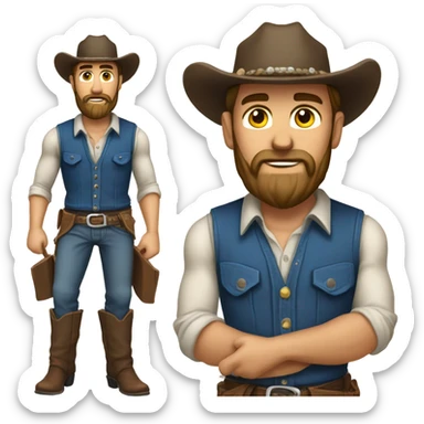 a rugged cowboy with a thick beard, wearing a blue vest over a classic western shirt. He should have a confident stance, showing full torso sticker