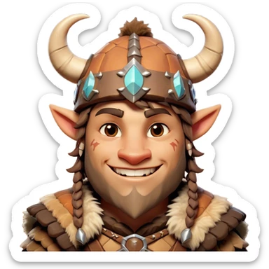 Cinematic Playful Barbarian Portrait Emoji, Head tilted with a cheeky grin and lively eyes, featuring a compact, stylized build in patchwork furs and a whimsical horned cap, Simplified yet irresistibly charming features, highly detailed, glowing with a warm, inviting glow, high shine, energetic and endearing, stylized with a touch of whimsical medieval mischief, soft glowing outline, capturing the essence of a playful barbarian that exudes friendly bravery! sticker