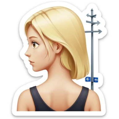 back of blonde woman stands In front at a crossroads between two paths—one illuminated, the other in shadow... scary and light  sticker