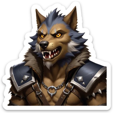 Cinematic Realistic WoW Worgen Portrait, head tilted dramatically with an exaggeratedly amused expression, blending ferocious beastliness with a touch of unexpected humor. His rugged fur, tanned skin, and worn leather garments are rendered with meticulous detail and dynamic lighting, high shine, dramatic yet whimsical, capturing the essence of a worgen whose epic might is tempered by a playful, irreverent charm. sticker