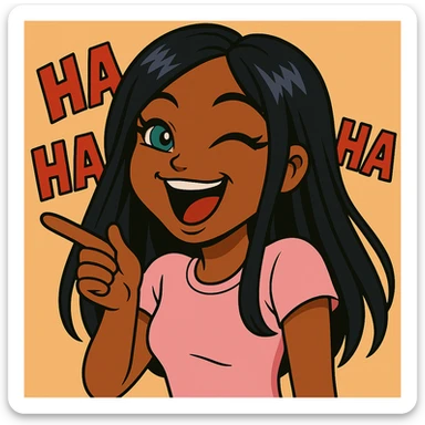 Change the pose to pointing and laughing, add 'ha ha ha' text in the background, headshot only, 20-year-old anime Bratz style woman with dark skin, straight hair, more casual outfit, big expressive eyes, glossy lips, no hat, no tears, happy expression, looking straight ahead. sticker