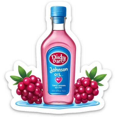 bottle of oil blue top pink outside with logo that says Diddy Party oil Johnson and Johnson  brand with a smiling berry on top sticker