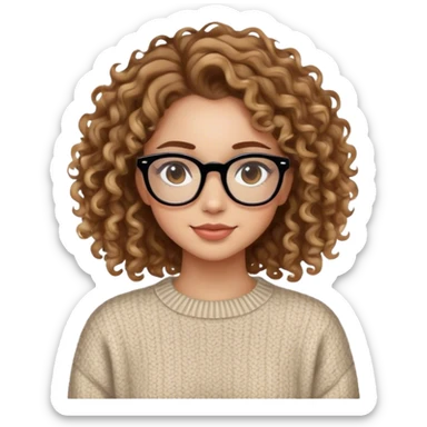 Girl with black glasses with light skin and light makeup and slight smile with brown curly hair with blond highlights in a stylish sweater sticker