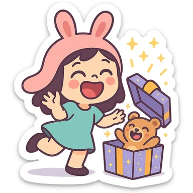 full-body laughing chibi girl in bunny hat opening glittery gift box with laughing teddy bear inside, pastel-toon style sticker