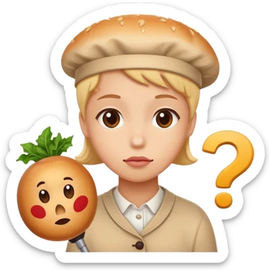 Draw an emoji where a person thinks with a question mark in front of food (draw it in a cuter way) sticker