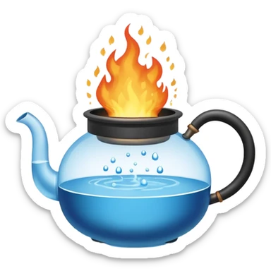 a small pot or kettle filled with water placed on fire, the water is boiling intensely with visible steam and bubbles rising, bright lighting, clean white background



 sticker