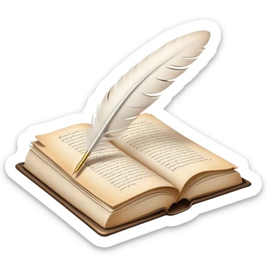 Create a poetic and elegant emoji representing poetry. The design should feature several, gracefully flying pages with short, poetic columns written on them. A white feather quill should be depicted writing on one of the pages, with ink flowing smoothly. The pages should have a soft, antique look, with subtle details to convey the delicate nature of poetry. Use soft, light colors with a romantic, airy feel. Make the background transparent. sticker