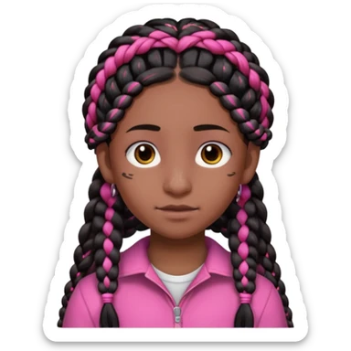 arikan, dark long hair whit pink 
and black braids. brown skin, smal round face and a big nose sticker