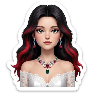 Beautiful shiny ethereal Gorgeous Anime Lady with dark hair and red hair streaks with a beautiful white silky lace dress and rubies and onyx gems  sticker