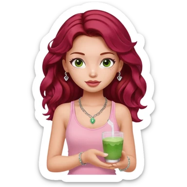 a pretty fair bratz girl with wavy dark red hair, wearing a pink tank top . silver dainty layered necklaces, carrying a matcha sticker