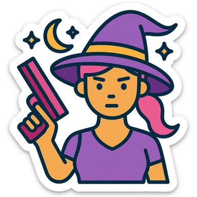 Add witchy vibes to this girly enforcer icon by including magical elements like a witch hat, crescent moon, and sparkles. Keep the style modern, feminine, and outlined with no background. sticker