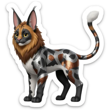 Realistic patterned marked edgy greyish blackish whitish silvery coppery Shiny Colorful Glossy Genet-Caracal-Lion-Bunny-Bobcat-fusion-animal-hybrid-creature, full body, big-tufted-bat-ears, long-thin-tufted-white-tipped-tail sticker