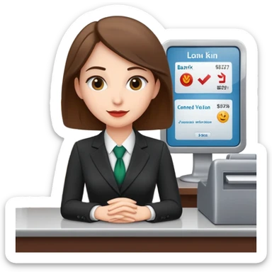 Professional female bank clerk in formal business attire behind a counter sticker