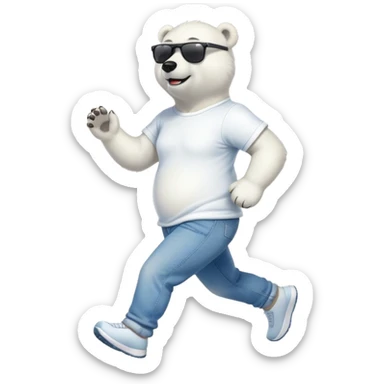 friendly anthropomorphised polar bear in jeans and a t-shirt, wearing dark sunglasses, jogging upright, relaxed pose sticker