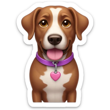 a purple dog with a brown nose and a pink collar with a bone happy  sticker