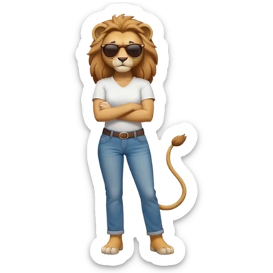 friendly anthropomorphised female lion character, full body, standing confidently with legs shoulder width apart and arms folded, wearing jeans, a white t-shirt, and dark sunglasses, with a determined expression sticker
