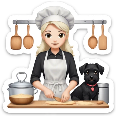 pale smiling girl baking with long back hair wearing black long shirt wearing apron holding black  schnauzer sticker