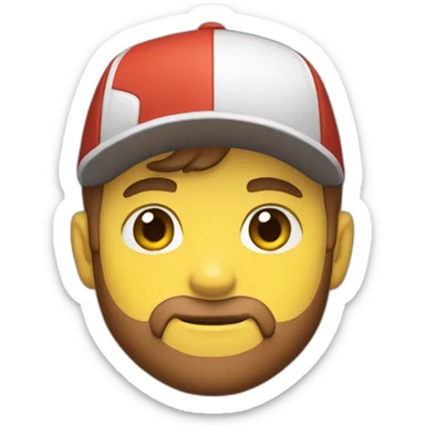 white man with brown hair and beard and a red cap, holding and a pikachu pokemon sticker