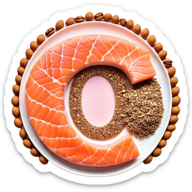 Floating arrangement of omega-3 rich foods: fresh salmon fillets, walnuts, flaxseeds, chia seeds and golden omega-3 capsules, all emitting a soft golden glow. The foods orbit around a central shimmering omega symbol, with gentle flowing energy connecting them. sticker