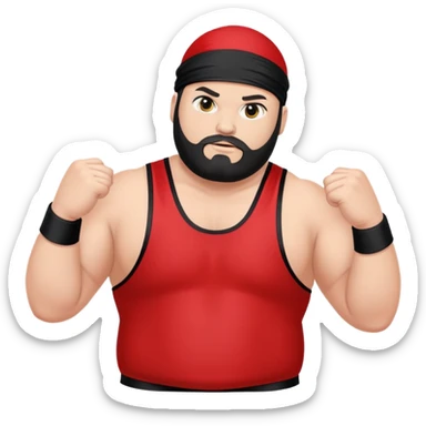 White skin fat guy with black durag, black beard, and black eyes in a red and black wrestling singlet sticker